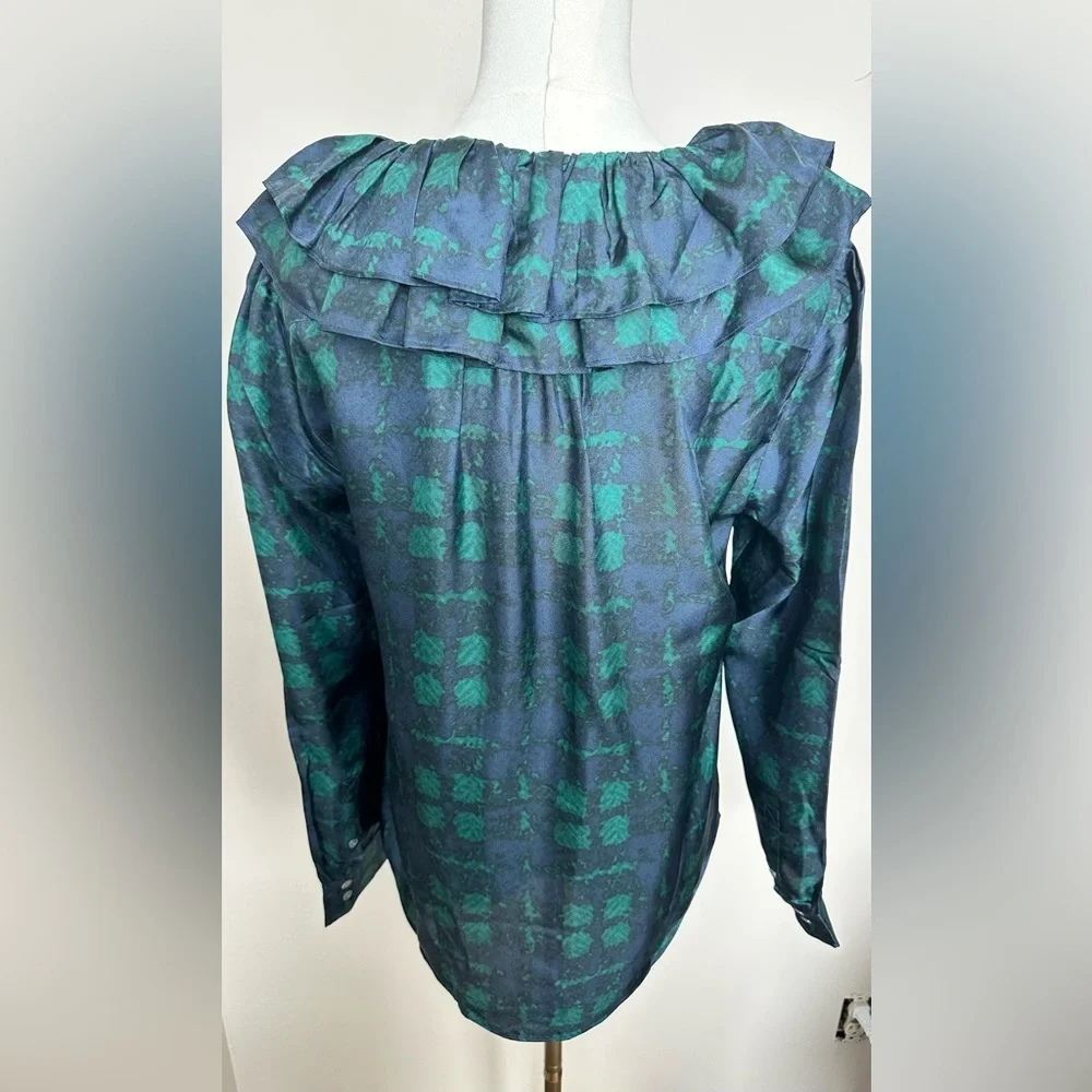 Crew Collection Silk Twill Ruffle Collar Top Green Blue Plaid S